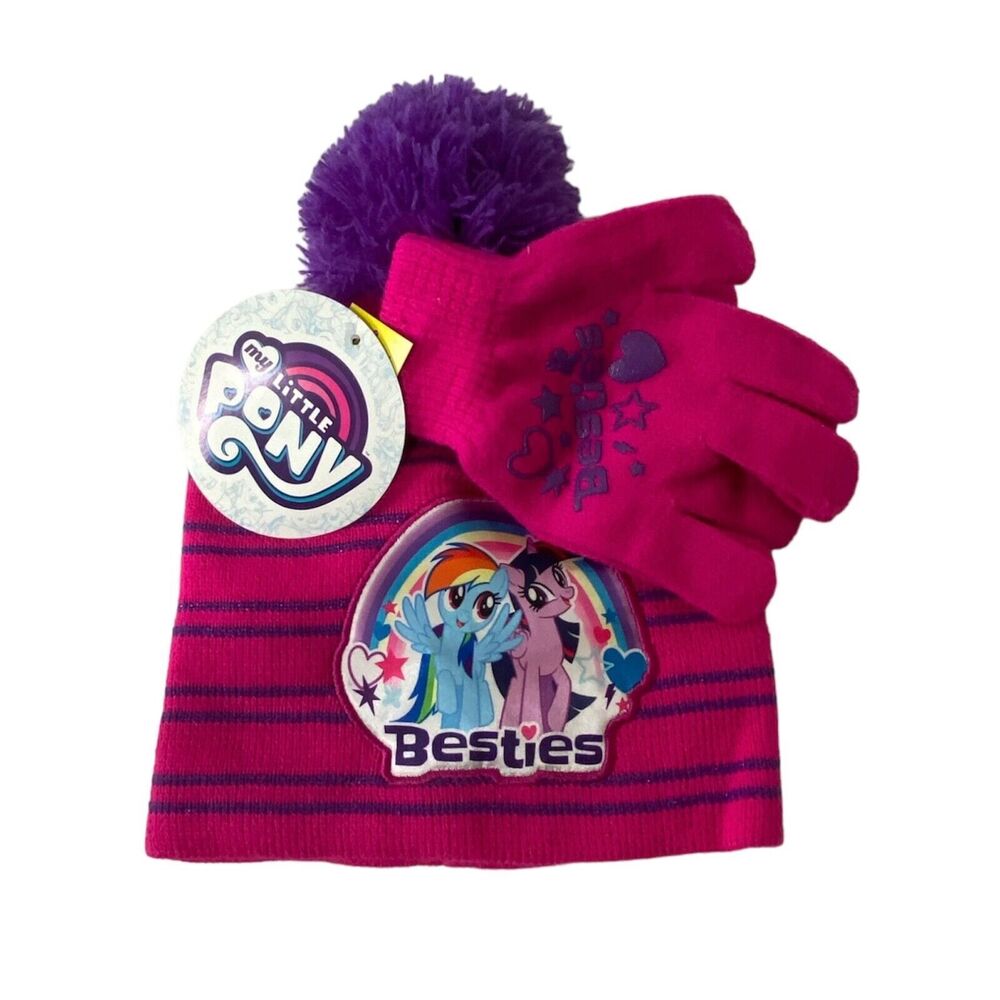 My Little Pony Girls Beanie Hat and Glove Set Pink and Purple Striped Stretch